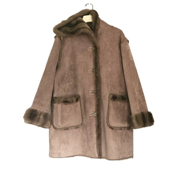 Dennis Basso Reversible Washable Faux Shearling Hooded Coat Tan -1X - EUC - Picture 2 of 9